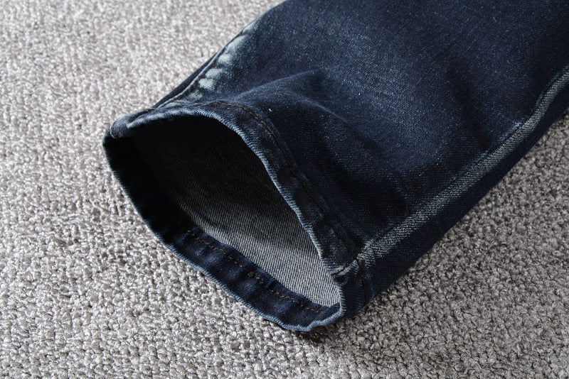Dark Blue with Zipper Pocket and Pleated Knee Details Men Jeans - FanFreakz
