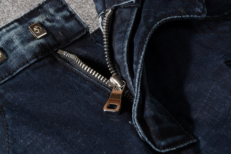 Dark Blue with Zipper Pocket and Pleated Knee Details Men Jeans - FanFreakz