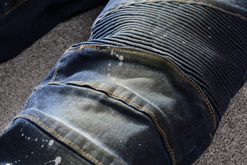 Blue with Paint Spots and Faded Partial Detail Men Slim Jeans - FanFreakz