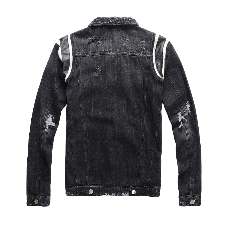 Black Patched Shoulder Simple Distressed Style Men Denim Jacket - FanFreakz