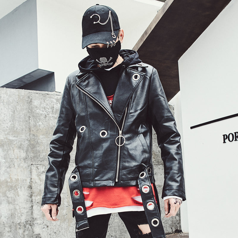 Harstone Rapper Jacket Hip Hop Style Metal Ring Rivet and Zipper Detail Men Faux Leather Jack