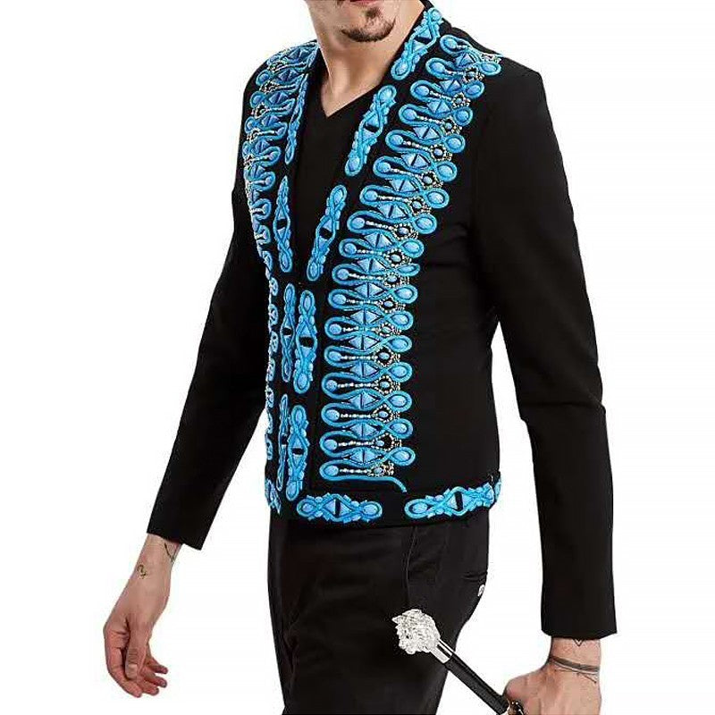 Black Court Pattern in Blue Sequin Embroidery Design Men Blazer - FanFreakz