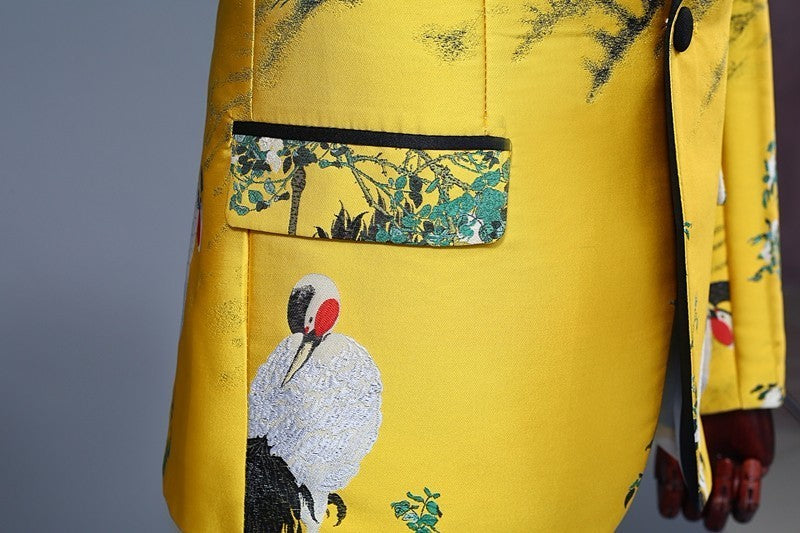 Classic Shawl Collar Men Yellow Blazer with Asian Art Print - FanFreakz