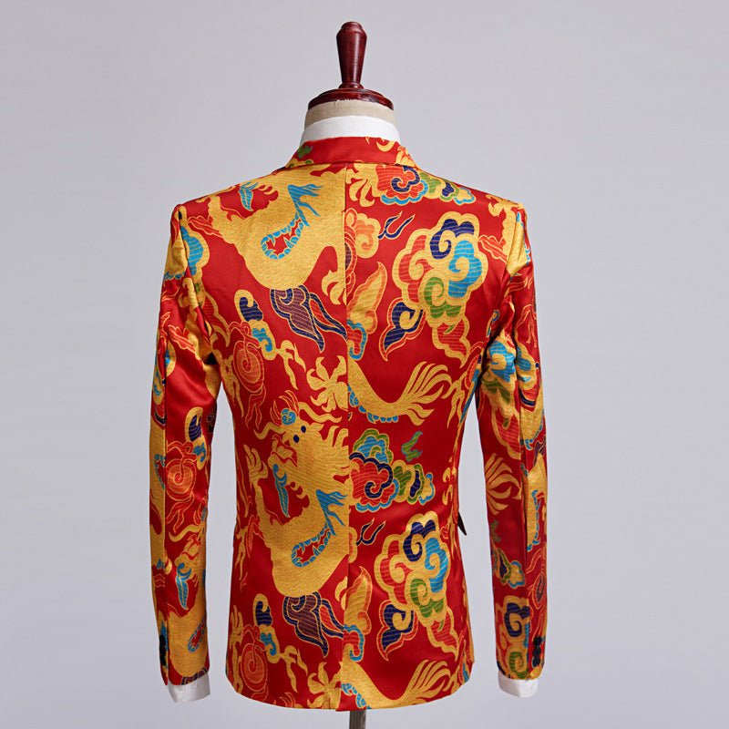 Chinese Red Gold Dragon Casual Design Men Stage Blazer - FanFreakz