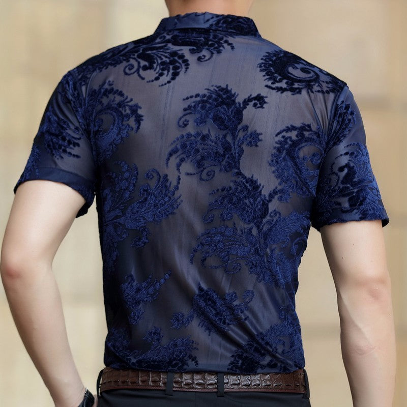 Baroque Floral Pattern Transparent Men Short Sleeve Shirt - FanFreakz