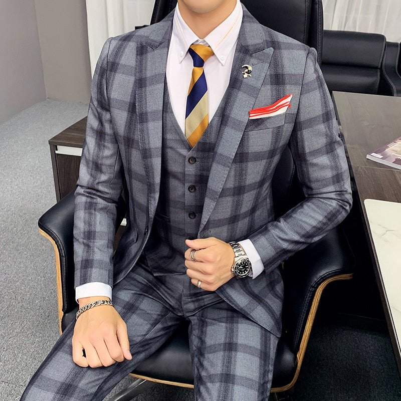 Khaki Gray Plaid Classic Slim Fit Formal Style Men Suits – FanFreakz
