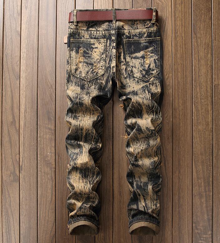 Abstract Wash Light Brown Pattern with Tiger Embroidery Detail Men Jeans - FanFreakz