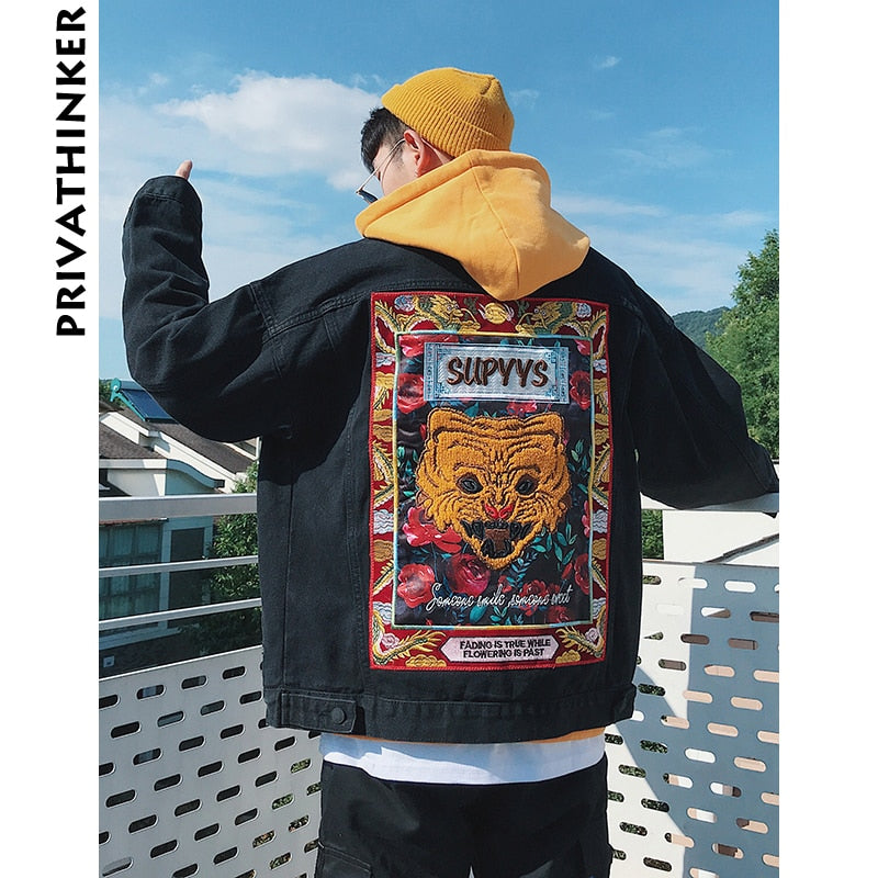 Black with Colourful Embroidery Streetwear Men Denim Jacket - FanFreakz
