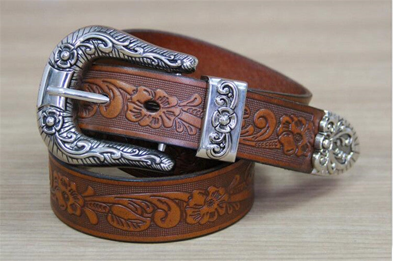 Vintage Mens Leather Belt Embossed Flower Leather Belt With Pin
