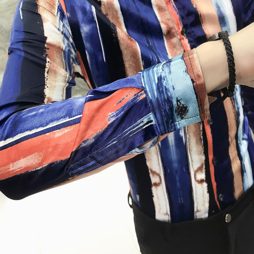Brushed Stroke Stripe Print Multicolor Men Slim Fit Long Sleeves Shirt - FanFreakz