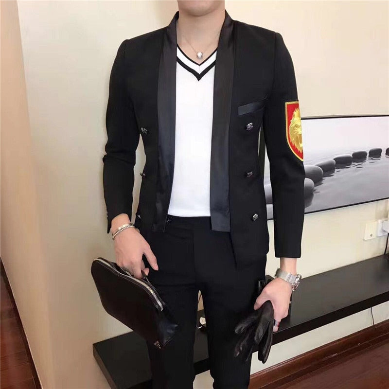 Black with Red Yellow Embroidery Badge Detail Men Blazer - FanFreakz