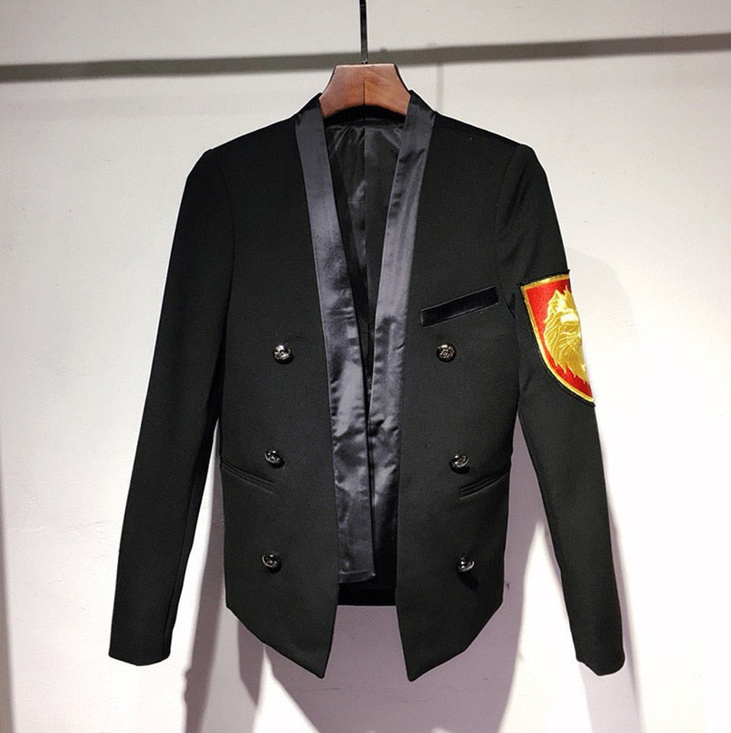 Black with Red Yellow Embroidery Badge Detail Men Blazer - FanFreakz