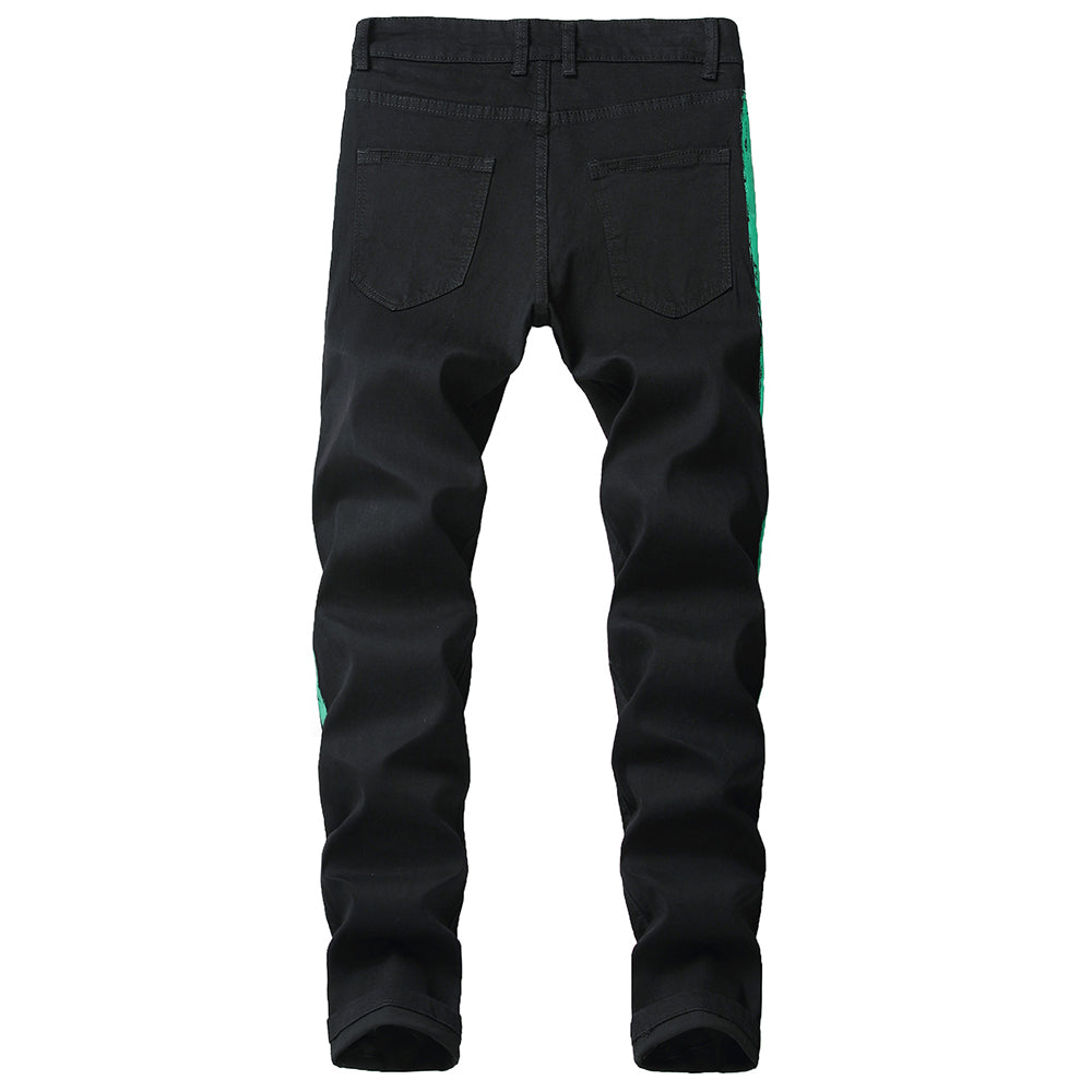 Black with Double Colors Painted Stripe Men Slim Fit Stretch Jeans - FanFreakz