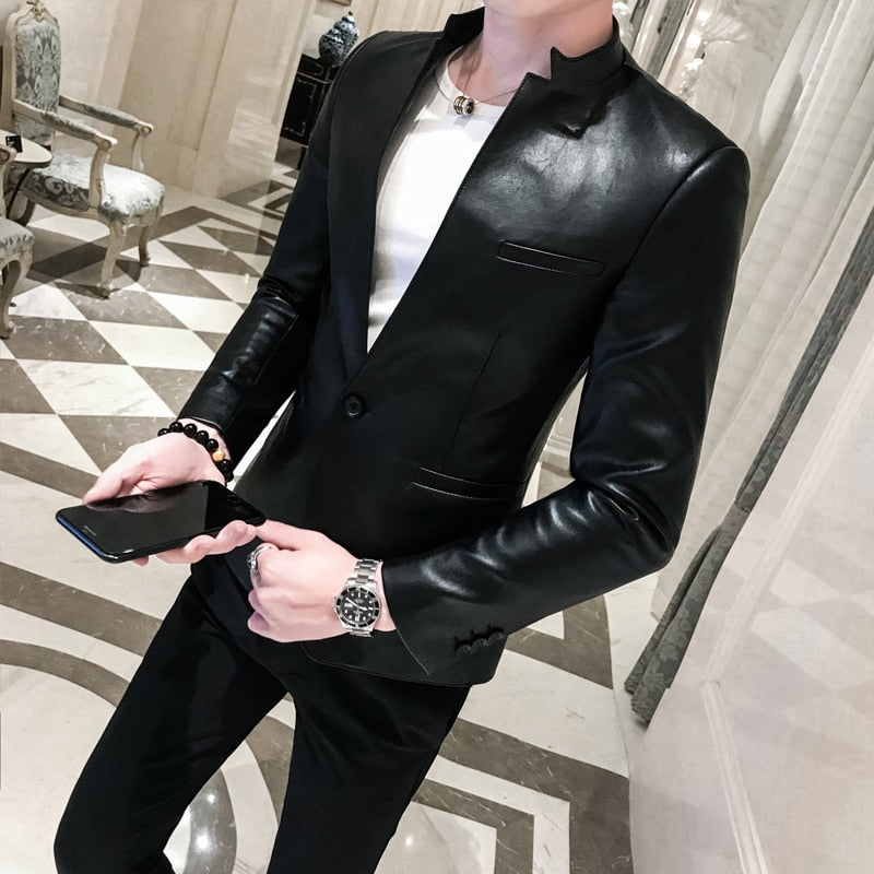 Solid Black Slim Fit Leather Blazer