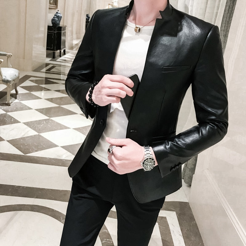 Solid Black Slim Fit Leather Blazer