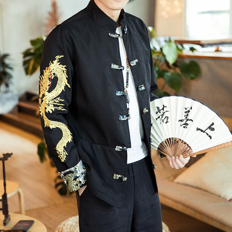 Chinese Style Dragon Embroidered Sleeves Men Jacket - FanFreakz