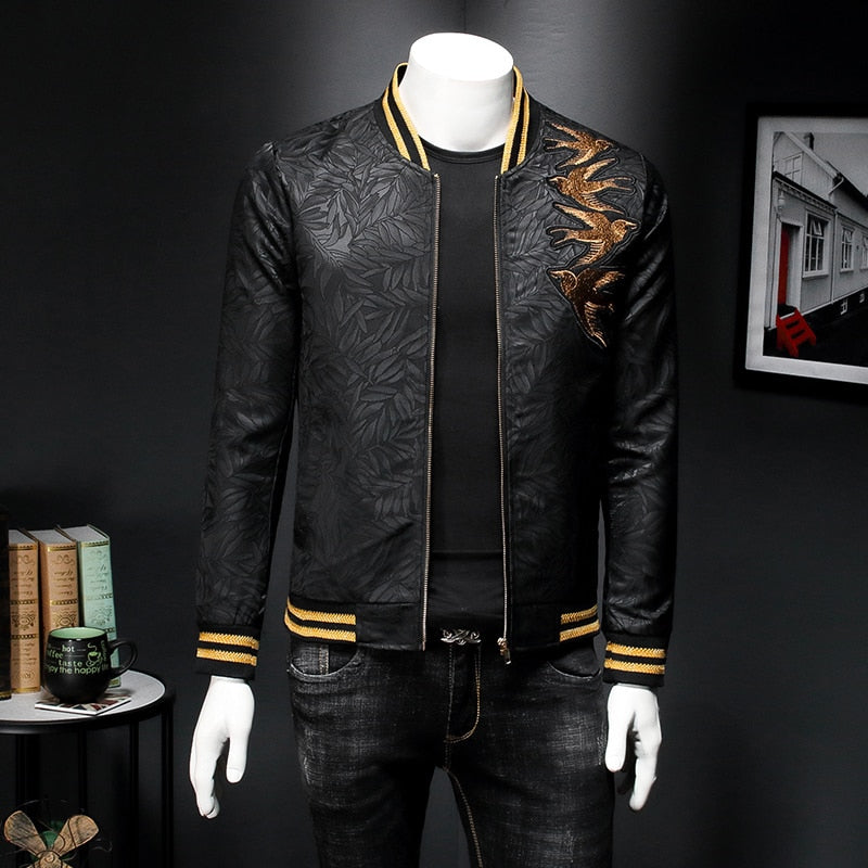 Slim Fit Dark Bomber with Spring Gold Embroidery Print Men Jacket