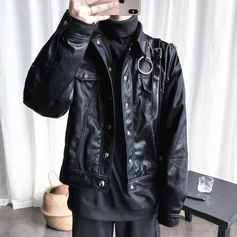 Motorcycle Gothic Cargo Punk Metal Style Men PU Leather Jacket