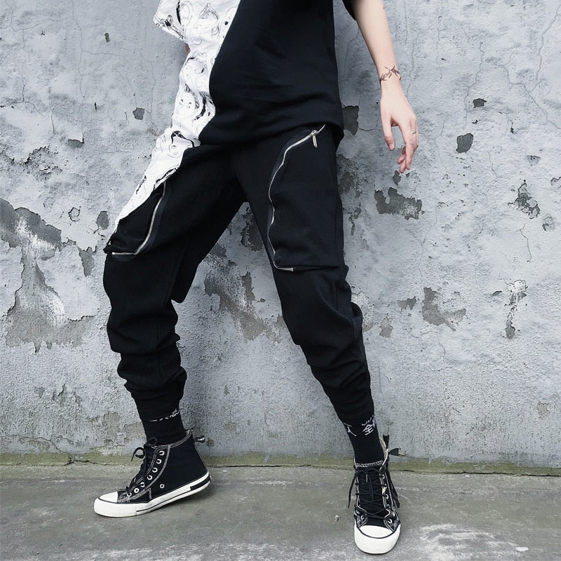 Hip Hop Boy Multi-pocket Elastic Waist Design Harem Pant Men Streetwear  Punk Trousers Jogger Male Dancing Black Cargo Pants
