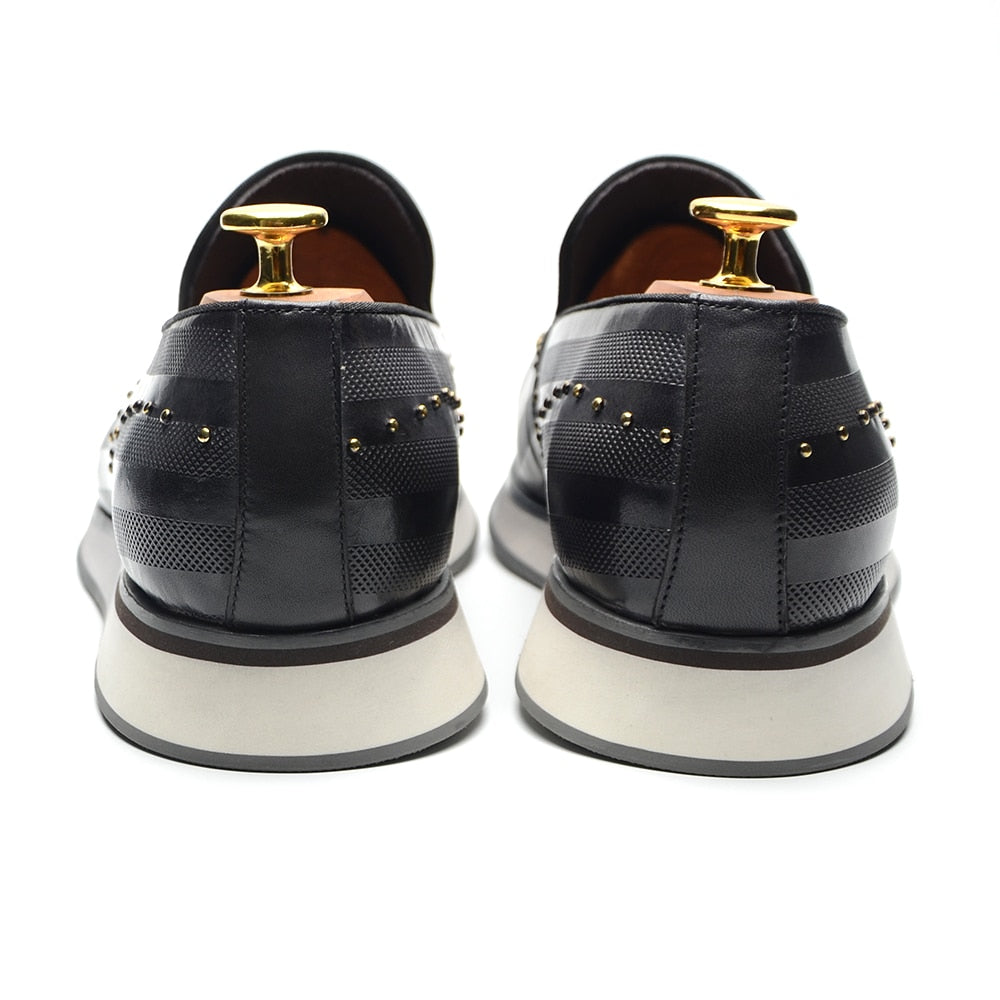 Genuine Leather Rivet Tassel Loafers