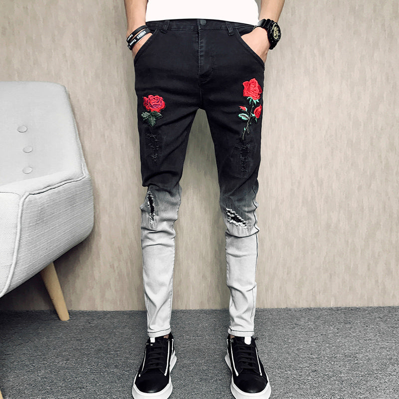 Gradient Skinny Stretch Men Jeans with Rose Embroidery Detail - FanFreakz