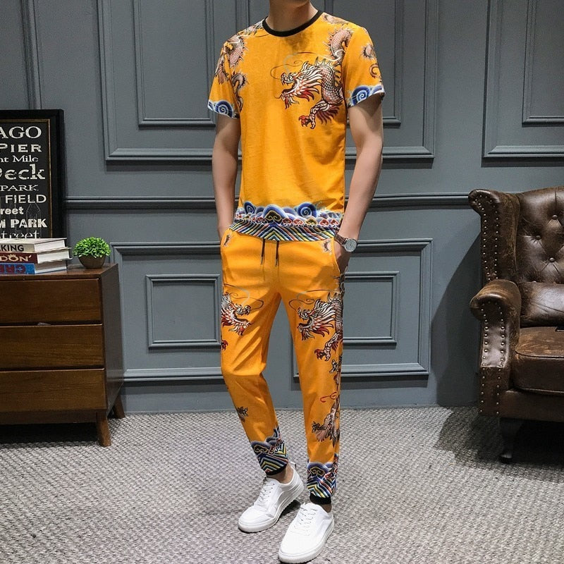 Casual Set Yellow Chinese Style with Dragon Printing Men T Shirt and Pants Set - FanFreakz