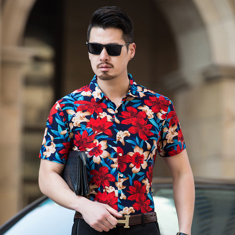 Abstract High Contrast Floral Pattern Color Men Short Sleeves Shirt - FanFreakz