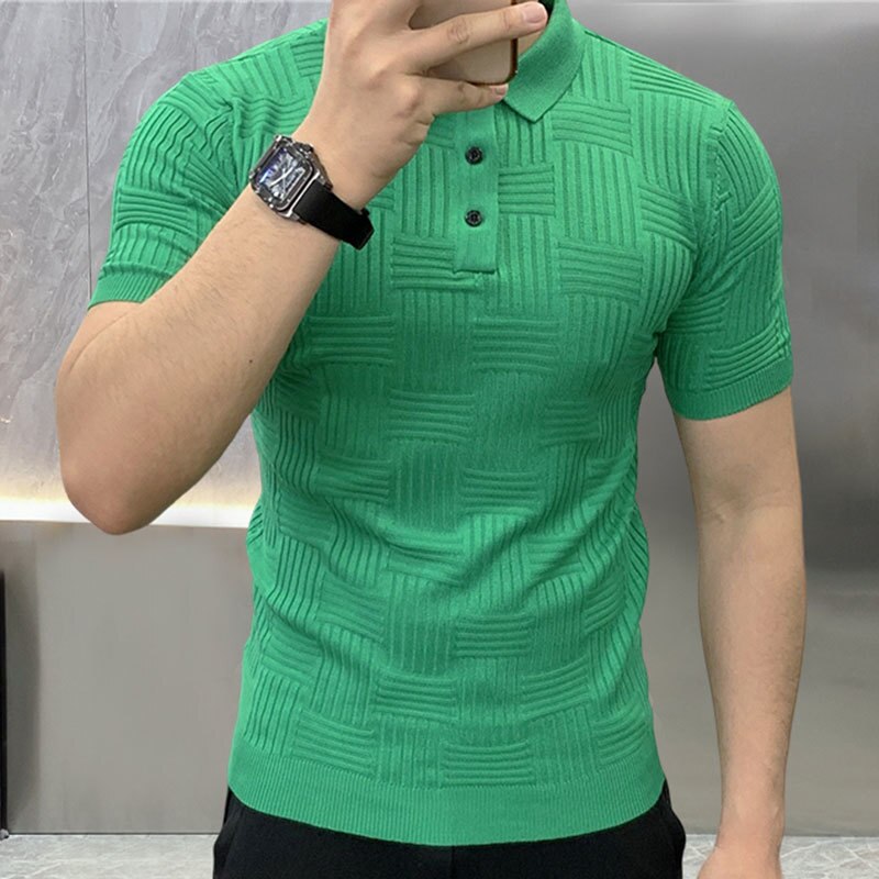 2023 British Slim Lapel Knitted Striped Casual Polo Shirt Summer