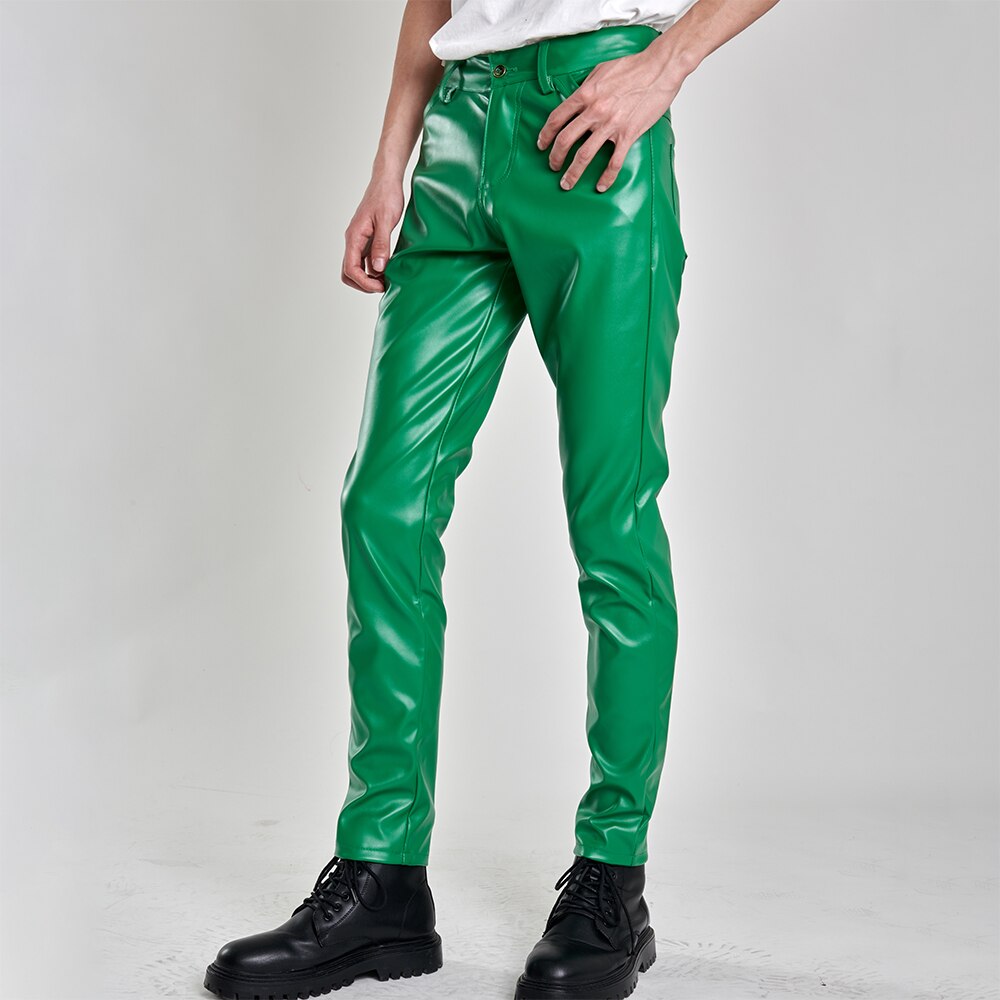 Mens Officewear Skinny Real Black Leather Pants Trousers