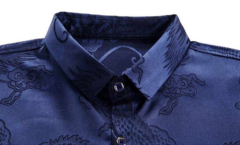 Mens Chinese Dragon Print Silk Dress Shirt Slim Fit, Long Sleeve