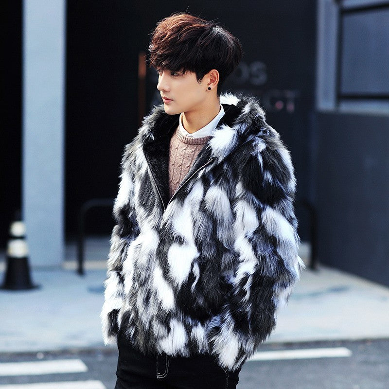 Black and White Fur Luxurious Men Jacket with Hoody - FanFreakz