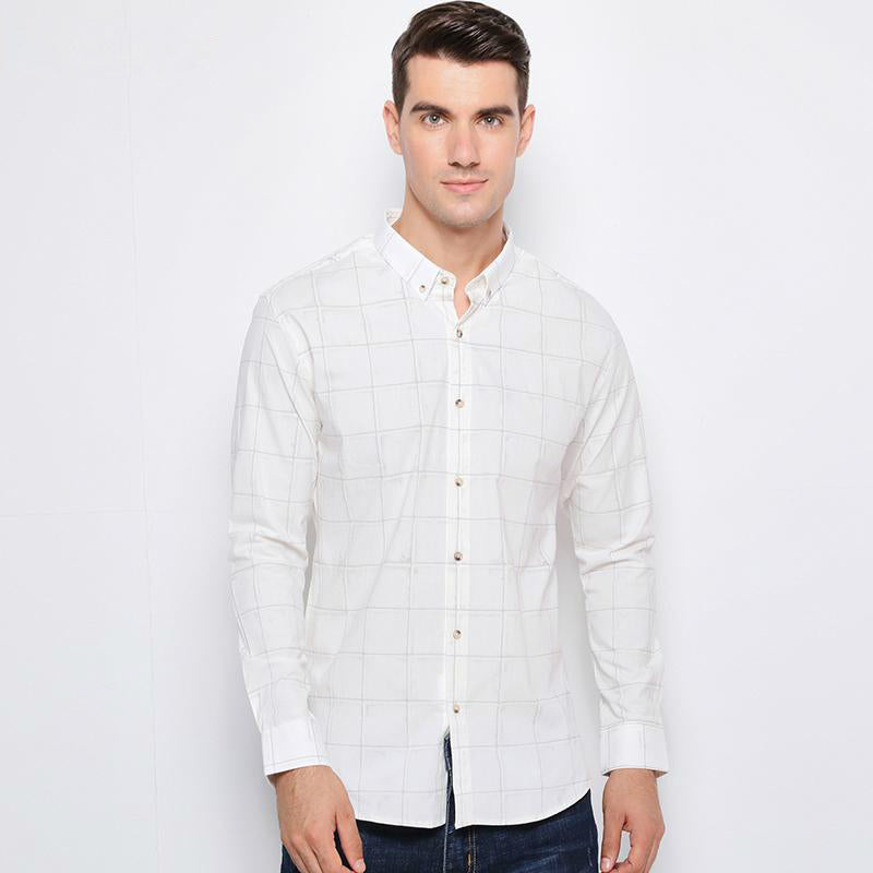 Business Style Collar Button Plaid Men Long Sleeves Shirt - FanFreakz
