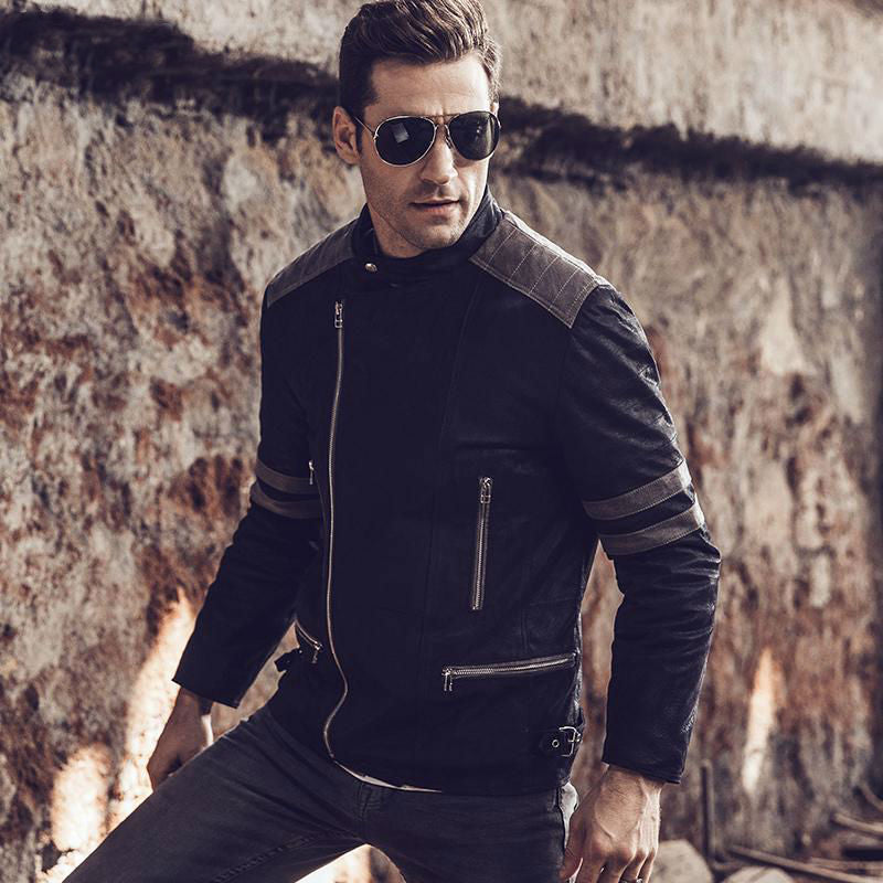 Rocker Biker Style Men Genuine Leather Jacket with Shoulder Patchwork Details - FanFreakz