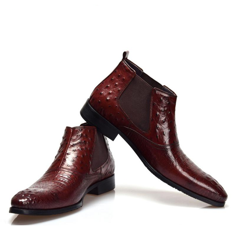 Croco and Ostrich Pattern Leather Patchwork Combination Men Boots - FanFreakz