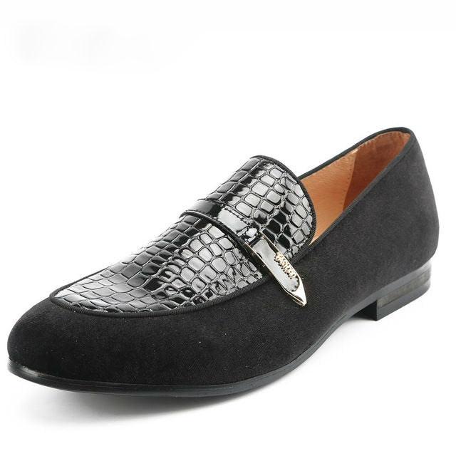 Black Velvet and Embossed Leather Combination with Slim Strap Detail Men Loafers Shoes - FanFreakz
