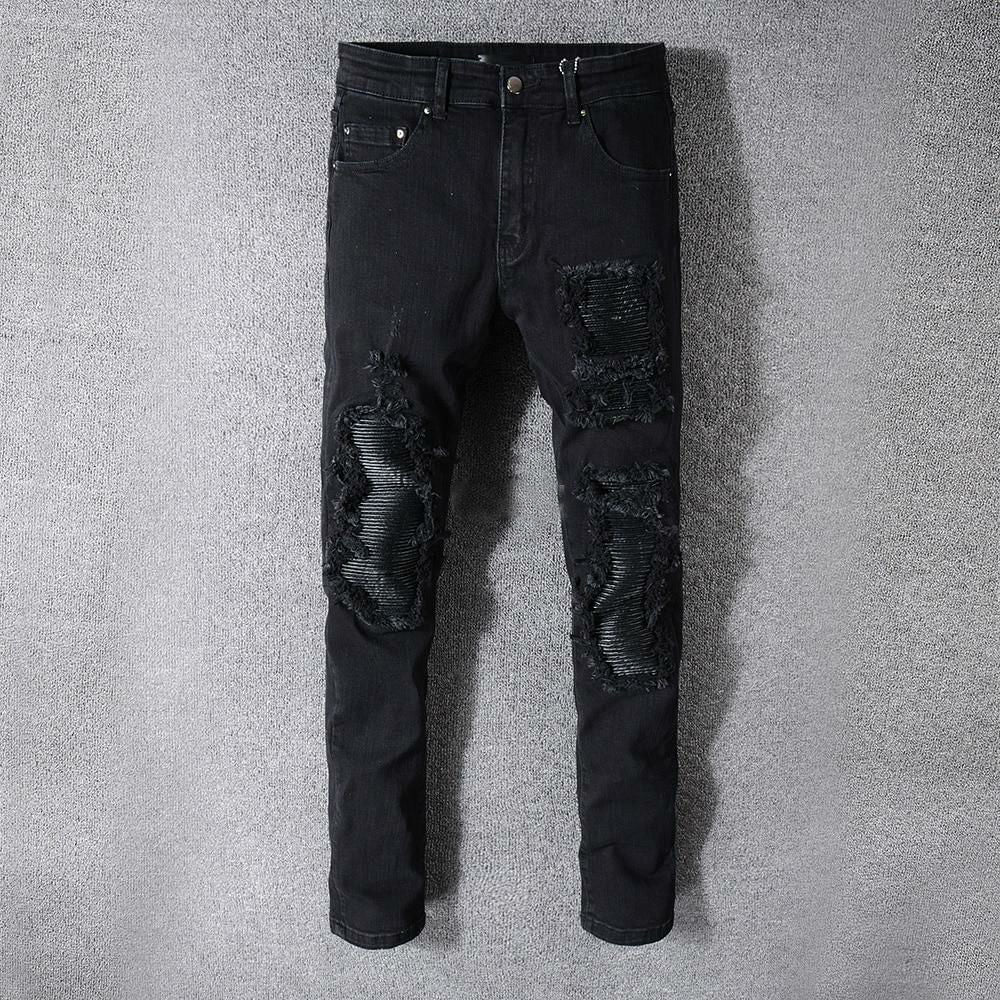 Destroyed Solid Black Ripped Style Men Slim Jeans - FanFreakz
