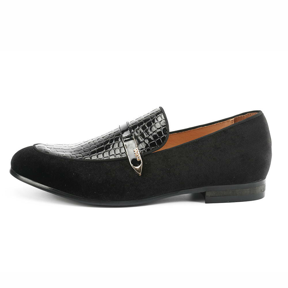 Black Velvet and Embossed Leather Combination with Slim Strap Detail Men Loafers Shoes - FanFreakz