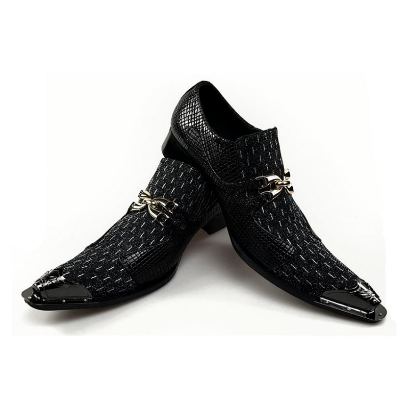 Luxury Pointed Toe Metal and Snake Pattern Patchwork Men Dress Shoes - FanFreakz