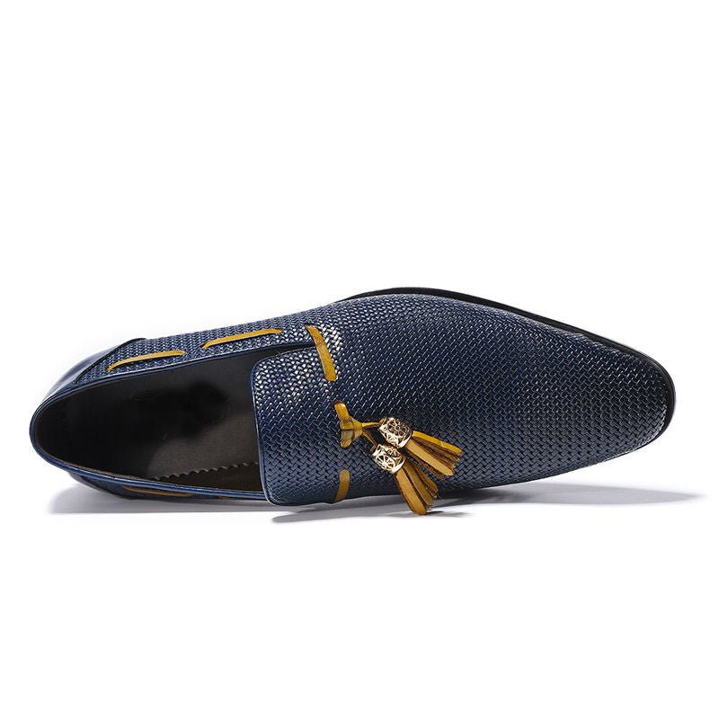 Blue Pattern Men Leather Loafers Shoe with Brown Tassel - FanFreakz