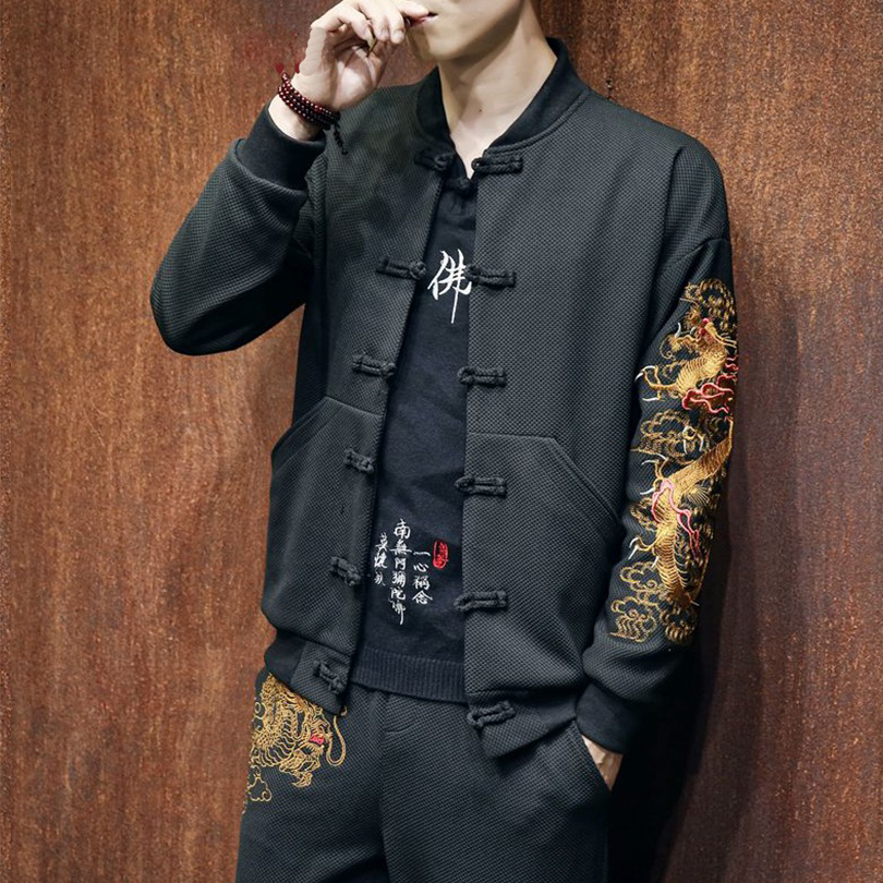 Black with Embroidery Chinese Style Men Jacket - FanFreakz