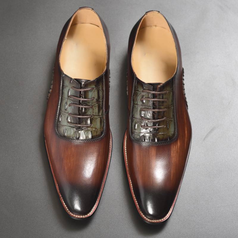 Pointed Toe Formal Dress Leather Lace Up Coffee Mixed Color Men Shoes