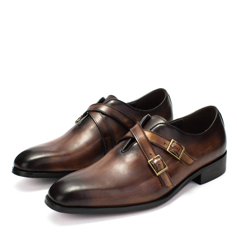 Double Crossed Straps Leather Pointed Toe Style Men Shoes