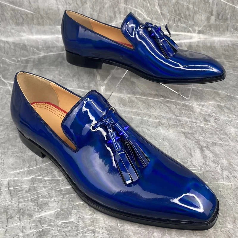 Blue Shiny with Tassels Leather Shoes