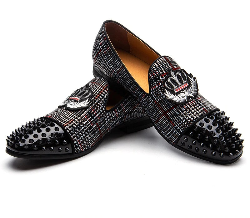 Black Spikes Rivets with Patched Ornament Detail Men Loafers Shoes - FanFreakz