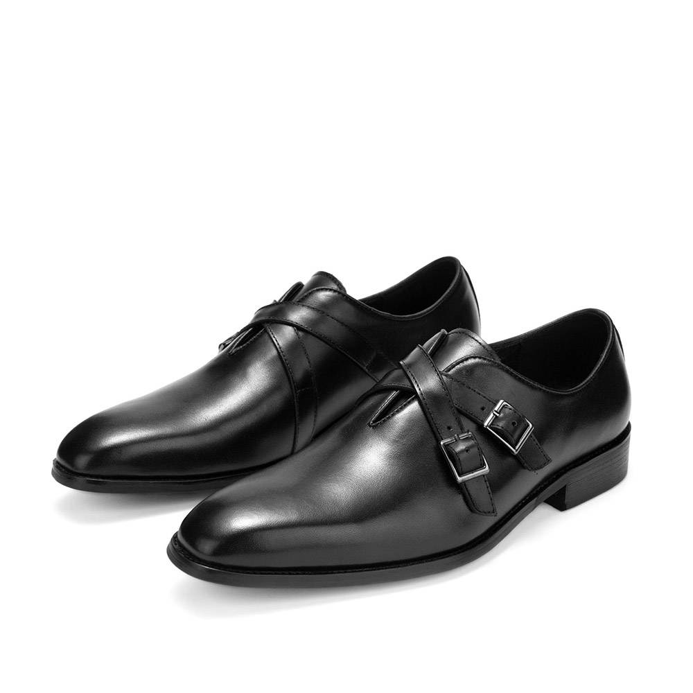 Double Crossed Straps Leather Pointed Toe Style Men Shoes