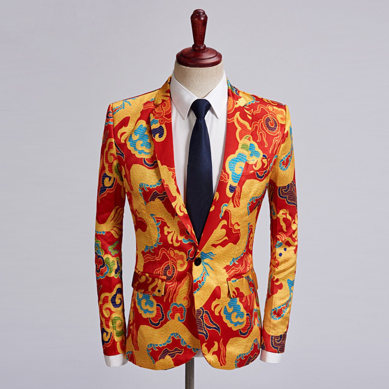 Chinese Red Gold Dragon Casual Design Men Stage Blazer – FanFreakz