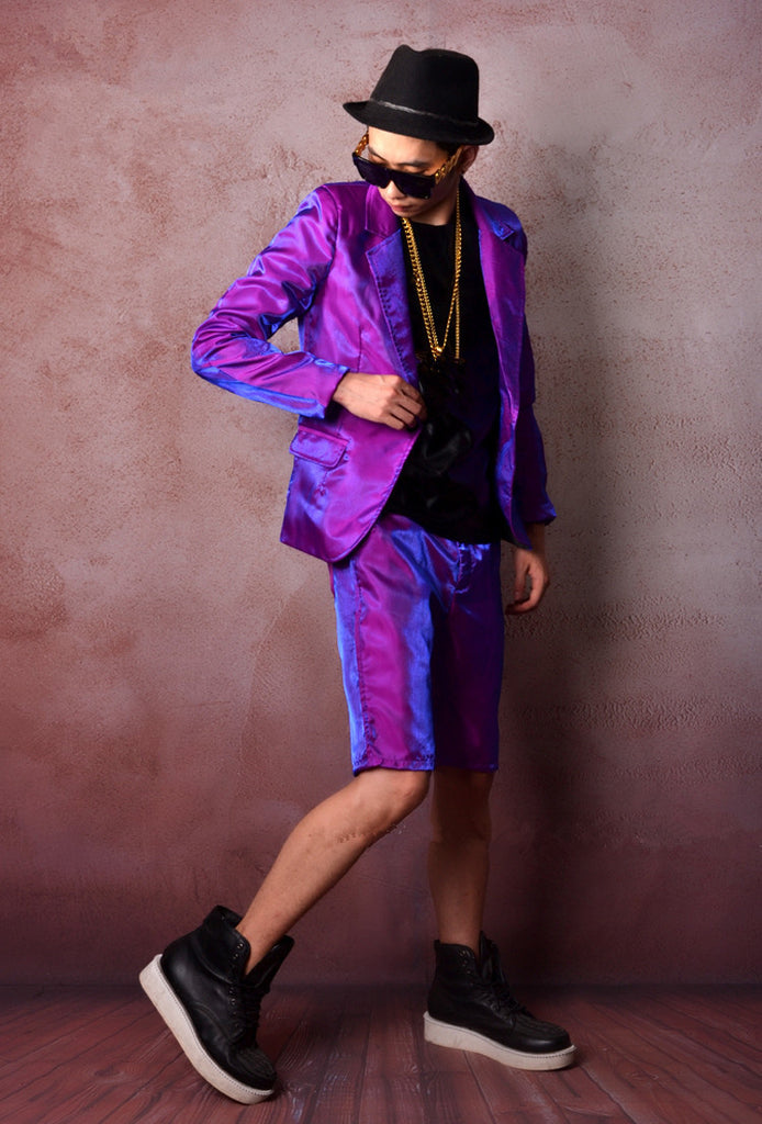 Shiny Bright Purple Men Slim Fit Suit Set Jacket with Short Pant - FanFreakz