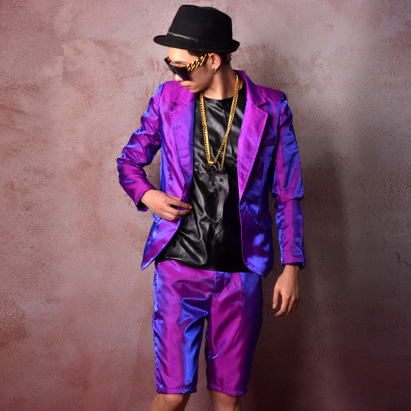 Shiny Bright Purple Men Slim Fit Suit Set Jacket with Short Pant - FanFreakz
