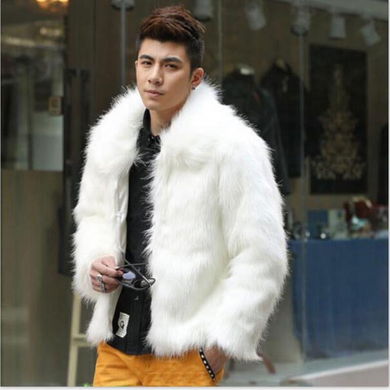 Faux Fur Coat White Long Sleeve Turndown Collar Men Winter Coat
