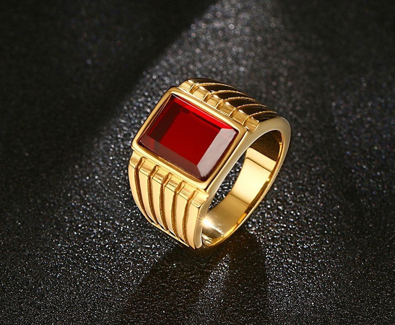 Men's Square Red Stone Rings Gold-Plated Steel Jewelry Bague Anillos - FanFreakz